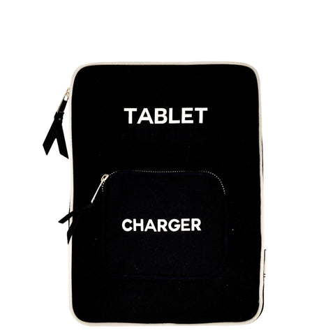 Bag-all Tablet Case 11" in black with charger pocket, featuring white text labels, metal zippers, and protective padding for organized device storage